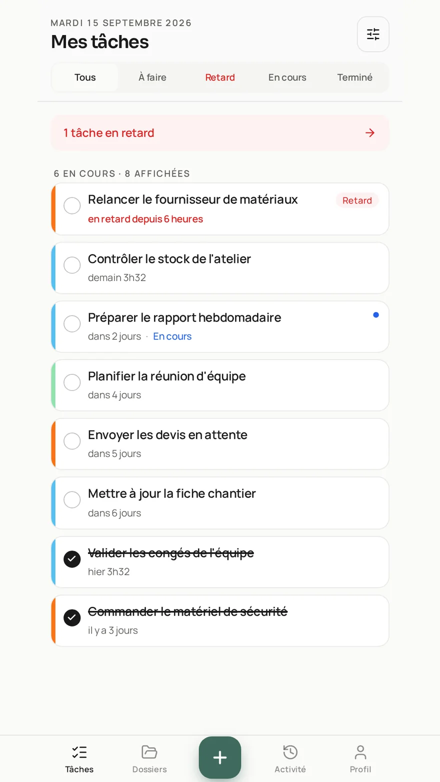Application Skult Track : liste des tâches de l’équipe, avec les retards et l’avancement.